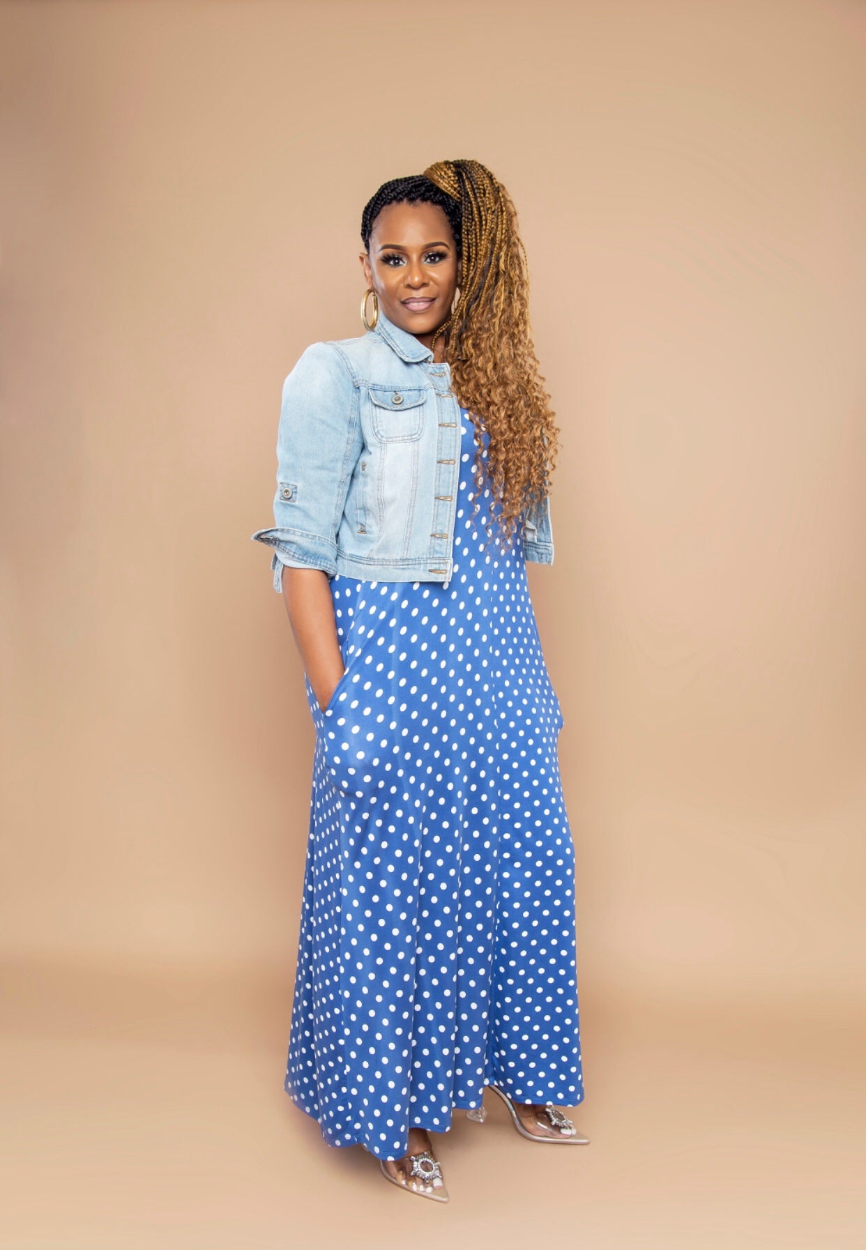polka dot dress with denim jacket Polka Dots + Denim